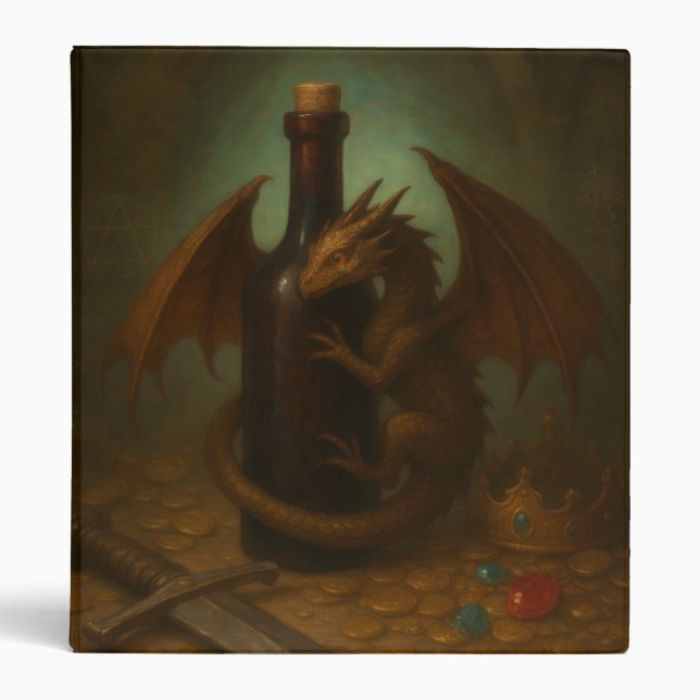 Tiny dragon hugging a wine bottle fantasy art binder (Front)