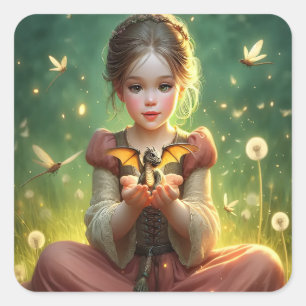 Tiny Dragon Keeper with Butterflies Square Sticker