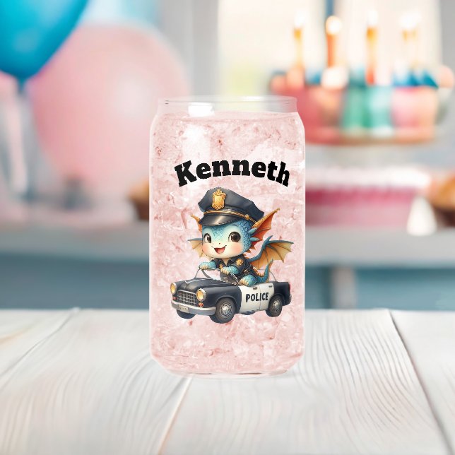 Tiny dragon officer driving a charming police car can glass (Insitu (Baby Shower))
