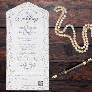 Tiny Dusty Blue Floral with QR Code All In One Invitation