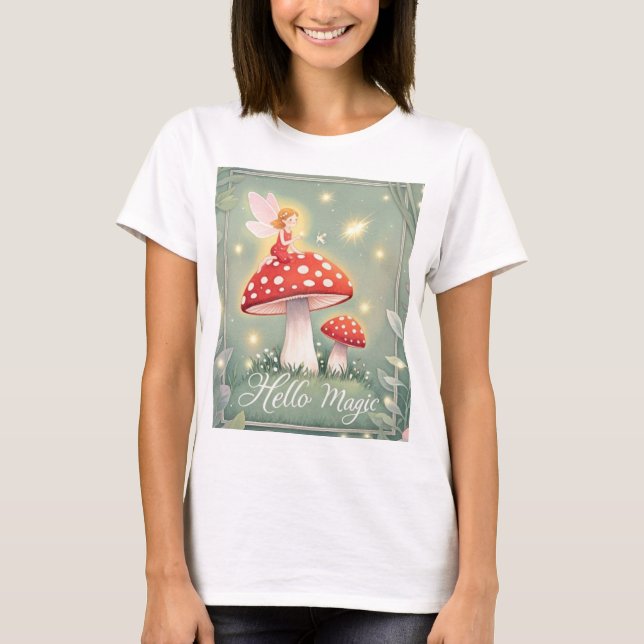 Tiny fairy perched on top of mushroom and glowing  (Front)