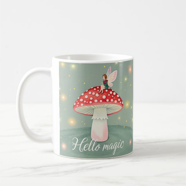 Tiny fairy perched on top of mushroom and glowing  coffee mug (Left)
