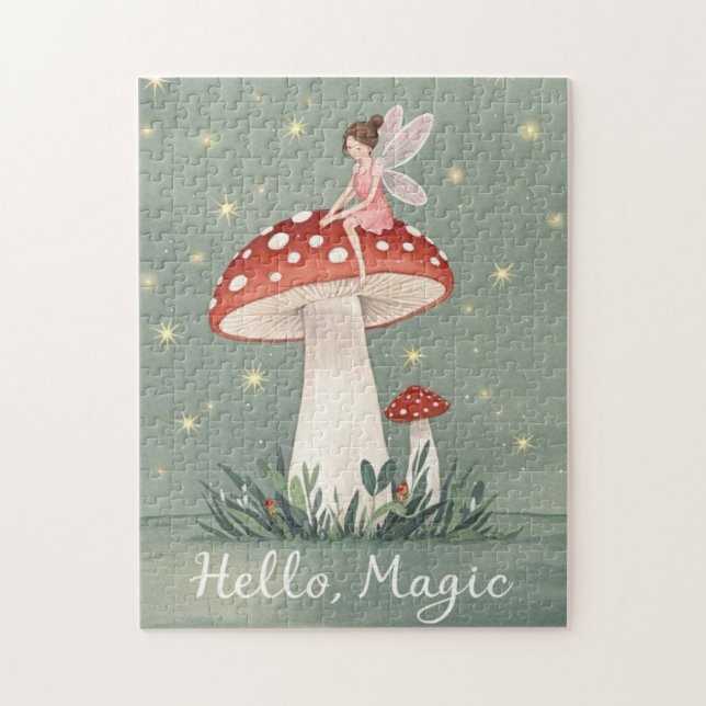 Tiny fairy perched on top of mushroom and glowing  jigsaw puzzle (Vertical)