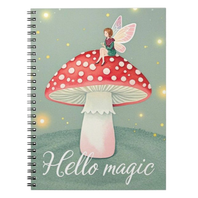 Tiny fairy perched on top of mushroom and glowing  notebook (Front)