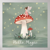 Tiny fairy perched on top of mushroom and glowing 