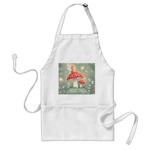 Tiny fairy perched on top of mushroom and glowing standard apron