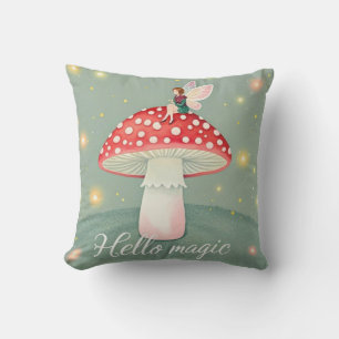 Tiny fairy perched on top of mushroom and glowing throw pillow