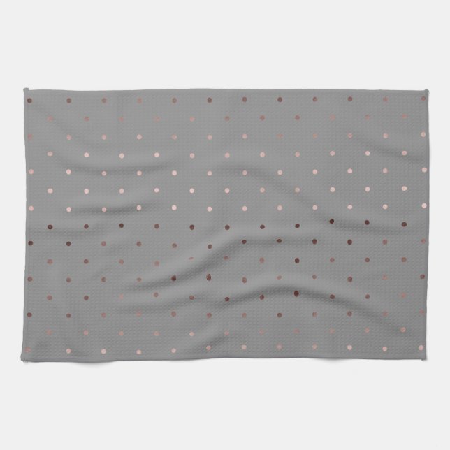 tiny faux rose gold grey polka dots pattern kitchen towel (Horizontal)