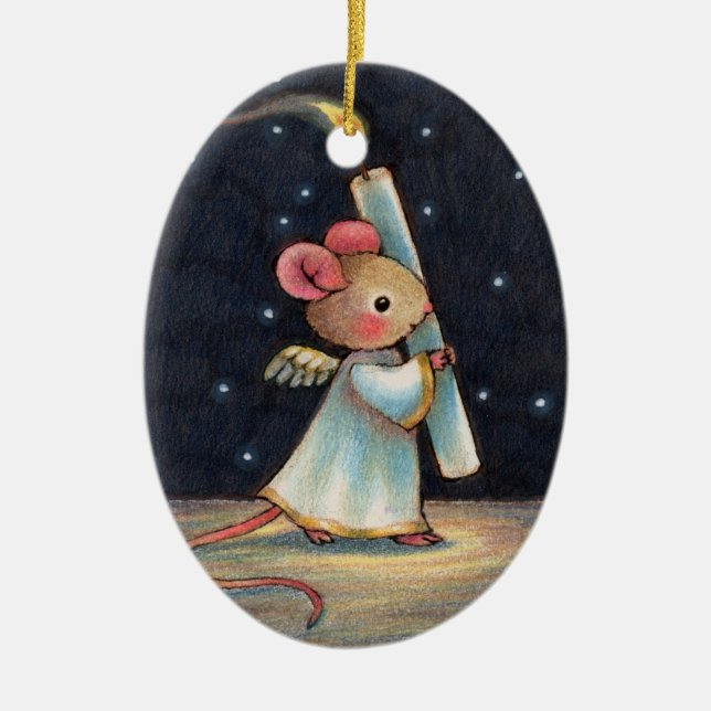 Tiny Flame - Cute Christmas Angel Mouse Art Ceramic Ornament (Front)