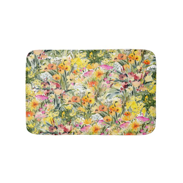 Tiny Flowers Field: Bright Watercolor. Bath Mat (Front)