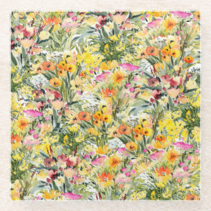 Tiny Flowers Field: Bright Watercolor. Glass Coaster