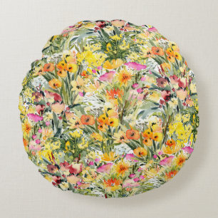 Tiny Flowers Field: Bright Watercolor. Round Pillow