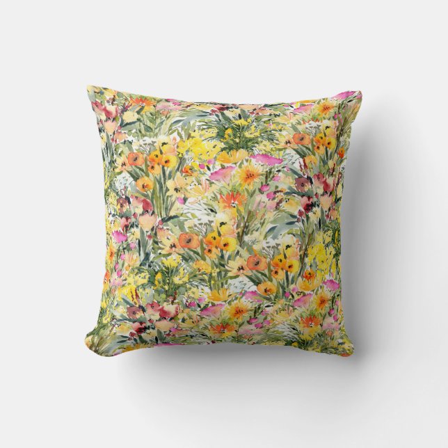 Tiny Flowers Field: Bright Watercolor. Throw Pillow (Front)