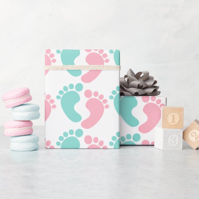 Tiny Footprints Baby Reveal Shower Party Wrapping Paper (Baby Shower)