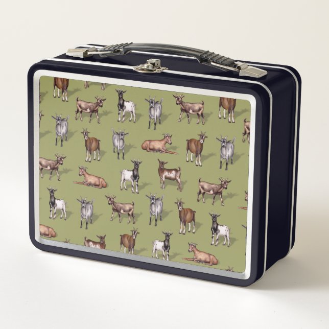 Tiny Goats on Green - Goat Herd Pattern Metal Lunch Box (Front)