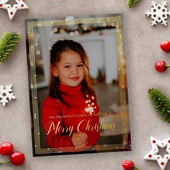 Tiny Gold Bead Frame Merry Christmas Photo Foil Holiday Card (Creator Uploaded)