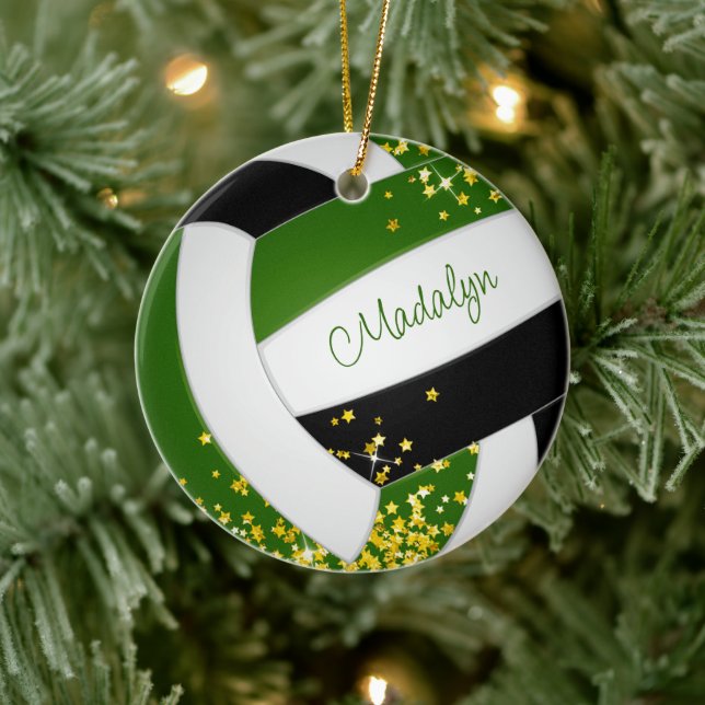 tiny gold stars accent green black volleyball ceramic ornament (Tree)