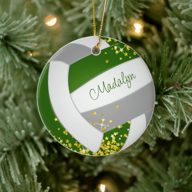 tiny gold stars accent green grey volleyball ceramic ornament (Tree)