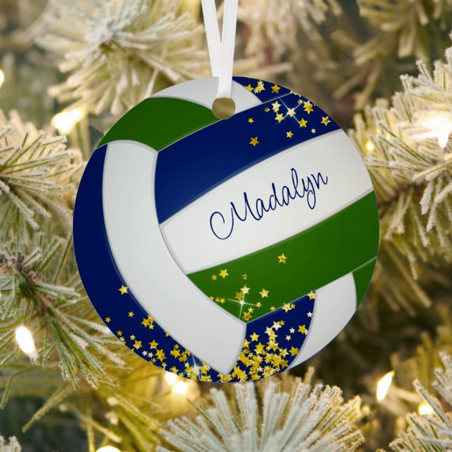 tiny gold stars blue green volleyball team colours metal ornament (Insitu)