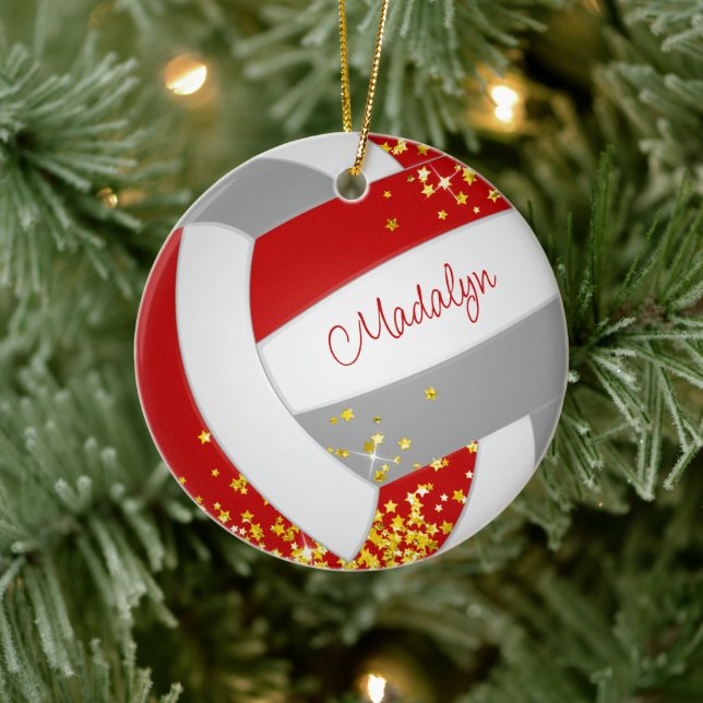 tiny gold stars red grey volleyball girls name ceramic ornament (Tree)