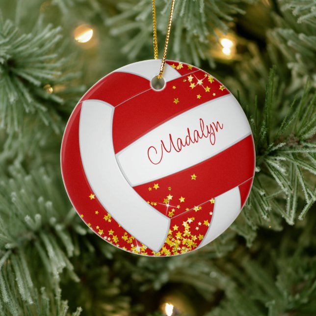 tiny gold stars red volleyball commemorative year ceramic ornament (Tree)