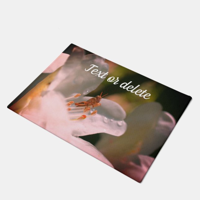 Tiny Grasshopper On Azalea Flower Personalized  Doormat (Angled)