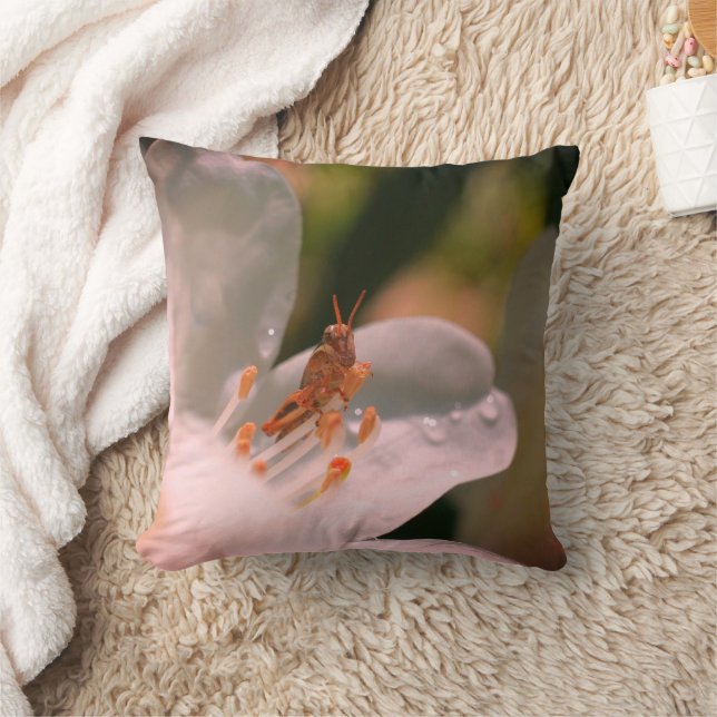 Tiny Grasshopper On White Azalea Flower   Throw Pillow (Blanket)
