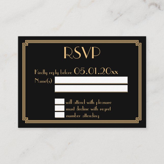 Tiny Great Gatsby Art Deco Black Gold Wedding RSVP Enclosure Card (Front)
