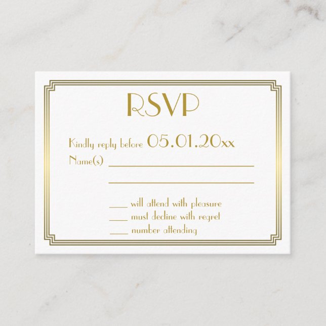 Tiny Great Gatsby Art Deco White Wedding RSVP Enclosure Card (Front)