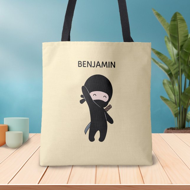 Tiny Happy Ninja Custom Name on Yellow Tote Bag (Creator Uploaded)