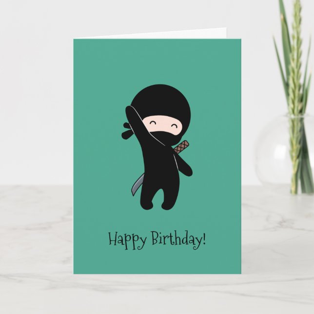 Tiny Happy Ninja on Dark Green Birthday Card (Front)