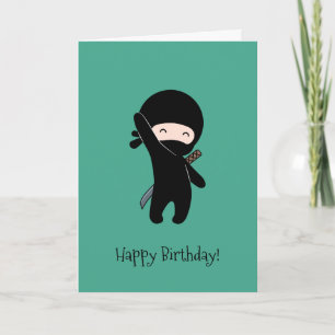 Tiny Happy Ninja on Dark Green Birthday Card