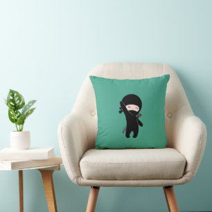 Tiny Happy Ninja on Dark Green Throw Pillow