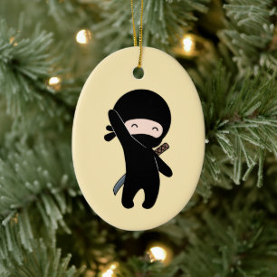 Tiny Happy Ninja on Yellow Ceramic Ornament
