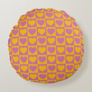 Tiny hearts chess grid seamless pattern. Cute litt Round Pillow