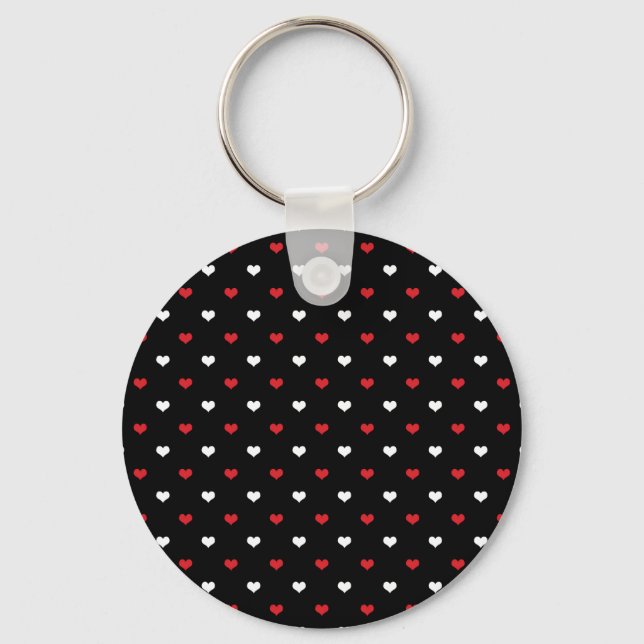 Tiny Hearts Red and White Black Background Pattern Keychain (Front)
