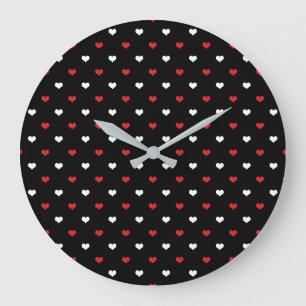 Tiny Hearts Red and White Black Background Pattern Large Clock