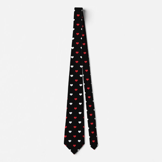 Tiny Hearts Red and White Black Background Pattern Tie (Front)