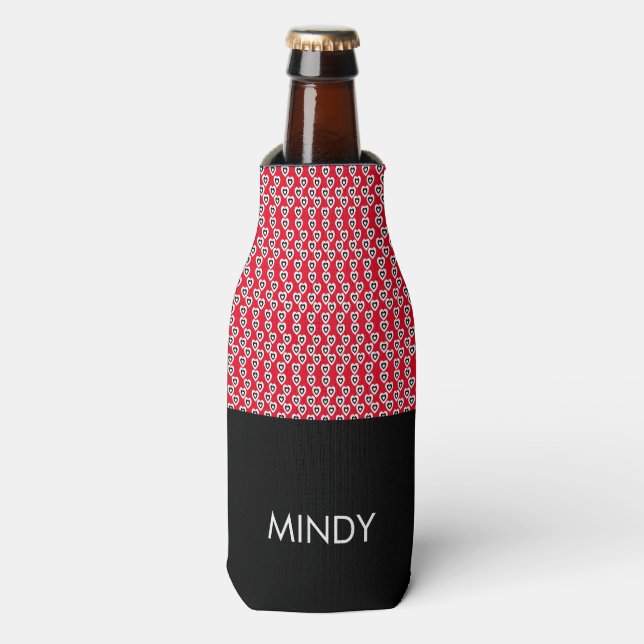Tiny Hearts  White Red Black Pattern   Bottle Cooler (Bottle Front)