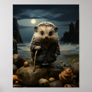 Tiny Hedgehog Standing On The Rock Cute Animal  Poster