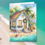 Tiny Home on the Beach Festive Christmas Holiday Card<br><div class="desc">Personalized Christmas card. Cute little white festive tiny house on a beach with pretty festive Christmas decorations like wreaths,  garland and Christmas lights on palm trees. On the inside of the card you can add your own custom holiday message.</div>