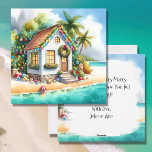 Tiny Home on the Beach Festive Christmas Holiday Card<br><div class="desc">Personalized Christmas card. Cute little white festive tiny house on a beach with pretty festive Christmas decorations like wreaths,  garland and Christmas lights on palm trees. On the back of the card you can add your own custom holiday message.</div>