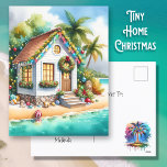 Tiny Home on the Beach Festive Christmas Holiday Postcard<br><div class="desc">Personalized Christmas postcard. Cute little white festive tiny house on a beach with pretty festive Christmas decorations like wreaths,  garland and Christmas lights on palm trees. On the back of the card you can add your own custom holiday message.</div>