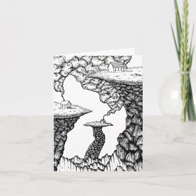 Tiny Houses on Rocky Cliffs Illustration Folded Note Card (Front)