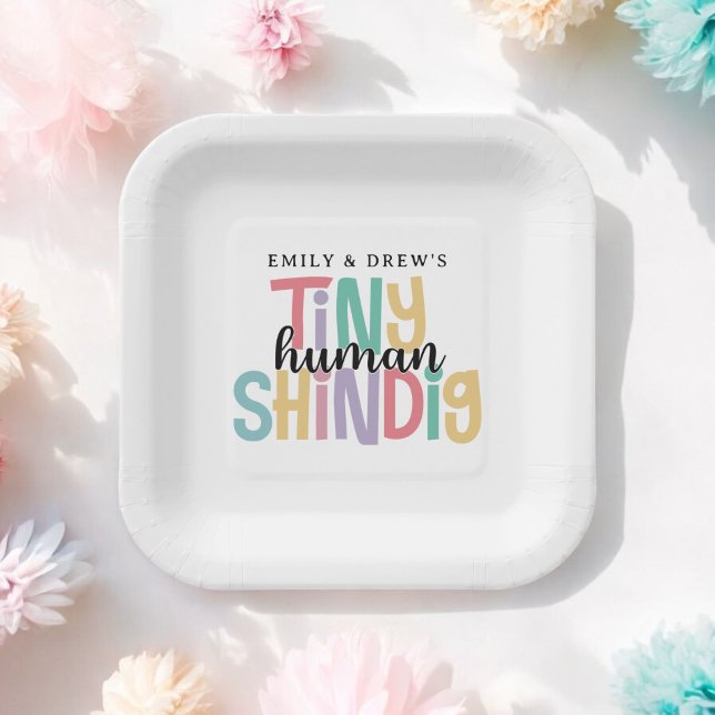 Tiny Human Shindig Cute Couple's Baby Shower Paper Plate (Plates are available in 7-inch diameter size and 9-inch diameter size.)