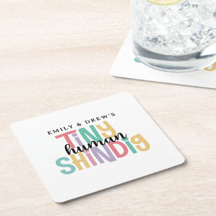 Tiny Human Shindig Cute Couple's Baby Shower Square Paper Coaster