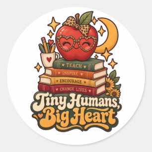 Tiny Humans Big Heart Retro Teacher Coffee Classic Round Sticker