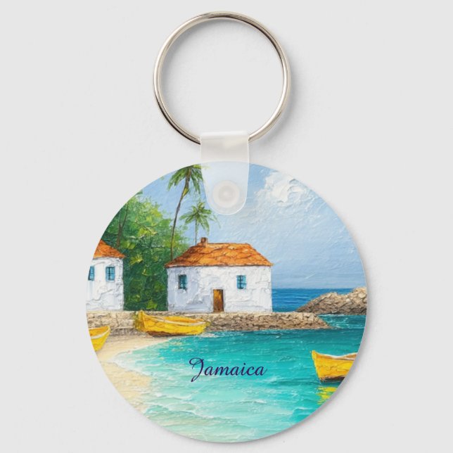 Tiny jamaican houses and skiffs keychain (Front)