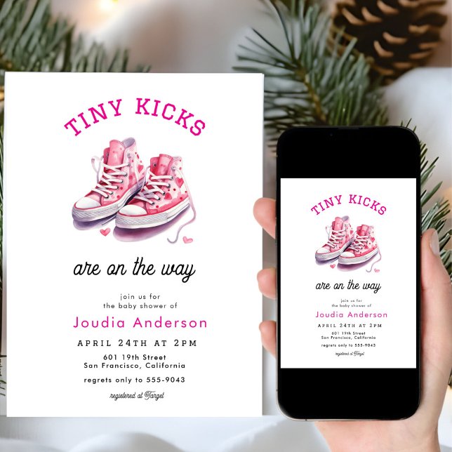 Tiny Kicks Sneakers Sports Pink Baby Shower  Invitation (Creator Uploaded)