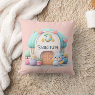 Tiny little house with dragon and NAME girl Throw Pillow